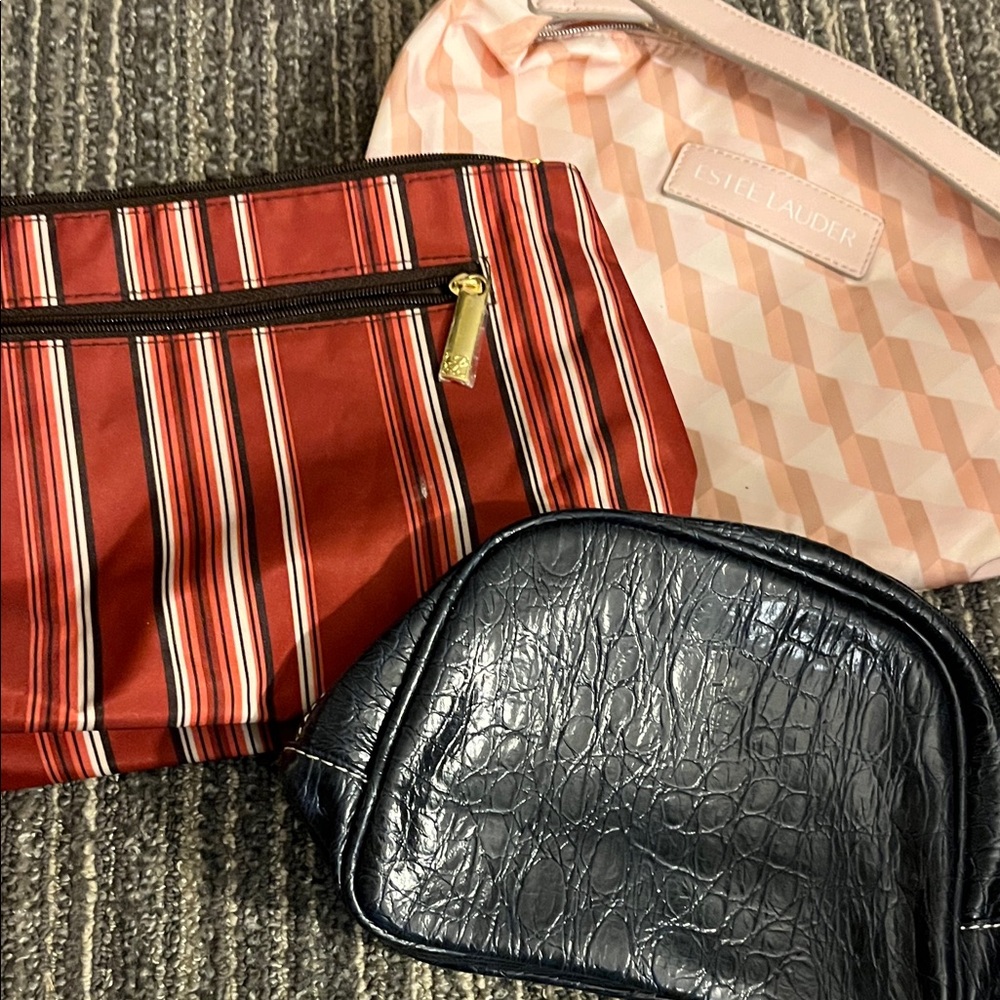 Estée Lauder Pink Geo Cosmetic Bag, Striped Bag and Black Cosmetics Bag Trio